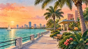 Watercolor illustration of a fictional bayfront promenade with coral buildings and teal water.