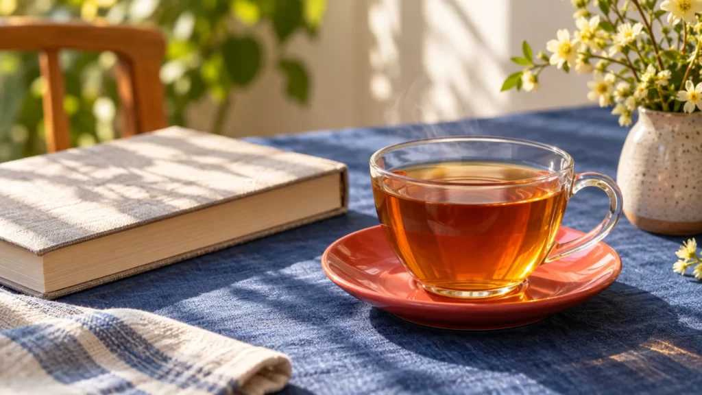 A clear cup of amber tea on a coral saucer beside a book and cobalt linen in morning light.