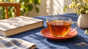 A clear cup of amber tea on a coral saucer beside a book and cobalt linen in morning light.