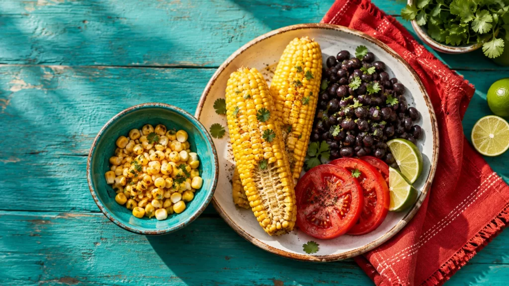 Overhead view of a corn, black bean and tomato dish on a turquoise surface with red accents.