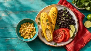 Overhead view of a corn, black bean and tomato dish on a turquoise surface with red accents.
