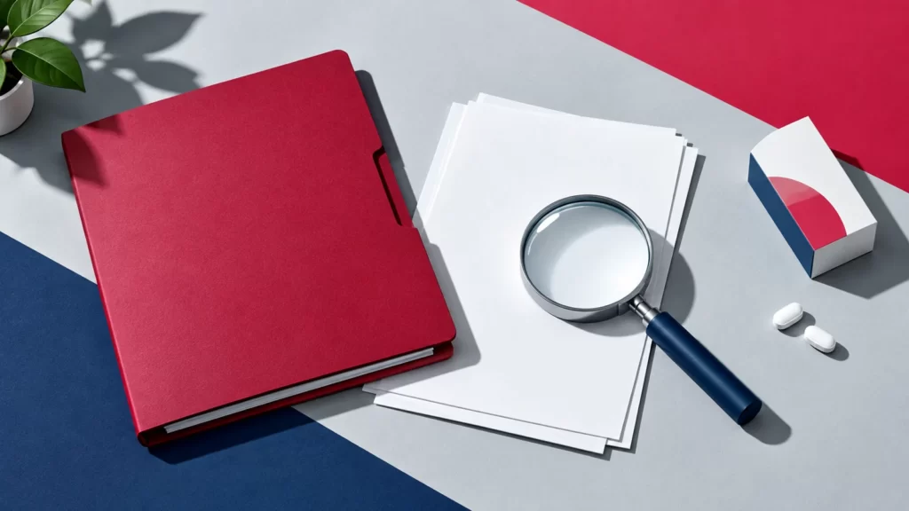 A ruby folder, blank papers, magnifying glass and generic medicine props on a navy and pale-gray surface.