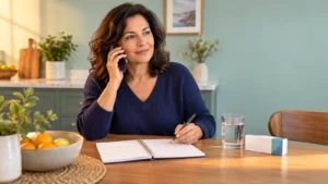 A woman in an indigo sweater speaks on a phone beside an open calendar and glass of water.