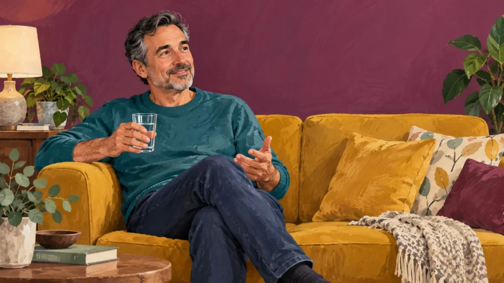 Gouache illustration of a man in a teal sweater holding water on a mustard sofa against a plum wall.