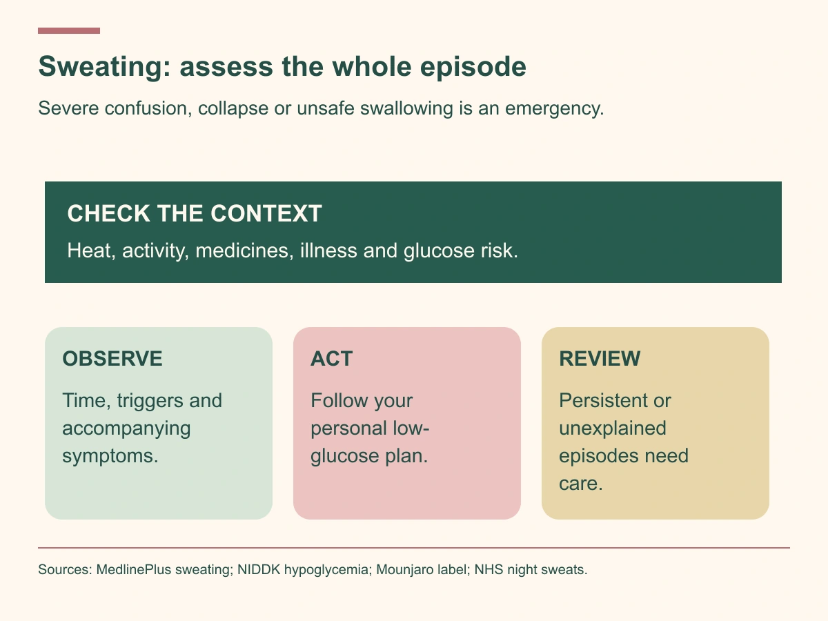 Assess heat, activity, medicines, illness and glucose risk. Record symptoms, follow the personal low-glucose plan, and obtain review when needed.