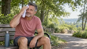 A man in a dusty-rose shirt rests on a park bench with a towel and water bottle among green trees.