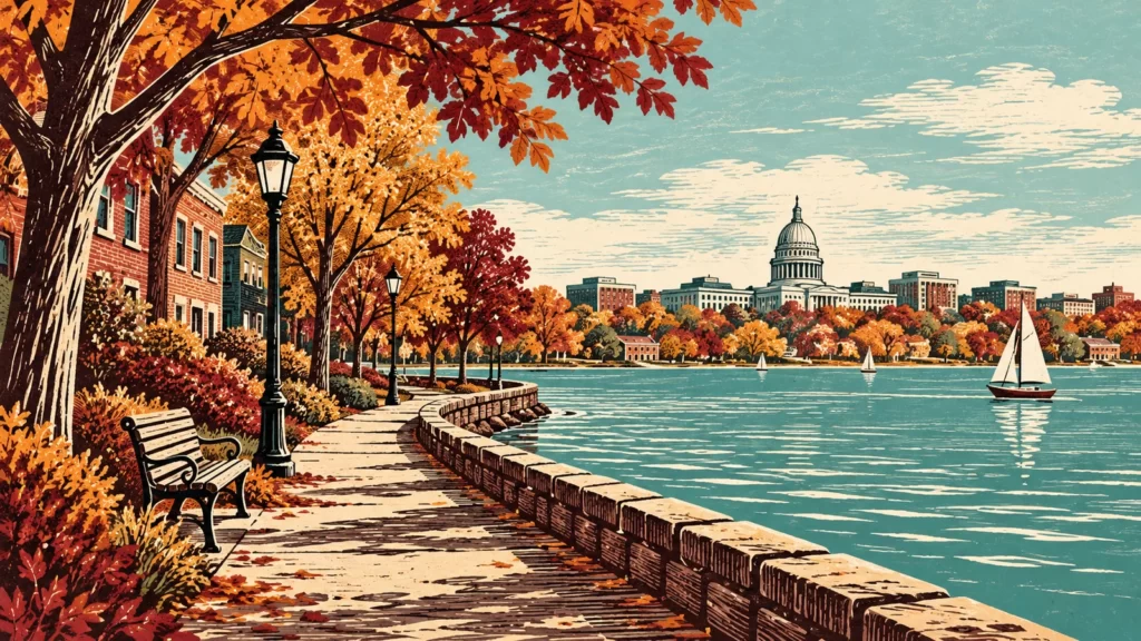 Woodcut-style autumn lakefront illustration with a civic dome silhouette and burgundy and aqua colors.