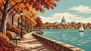 Woodcut-style autumn lakefront illustration with a civic dome silhouette and burgundy and aqua colors.