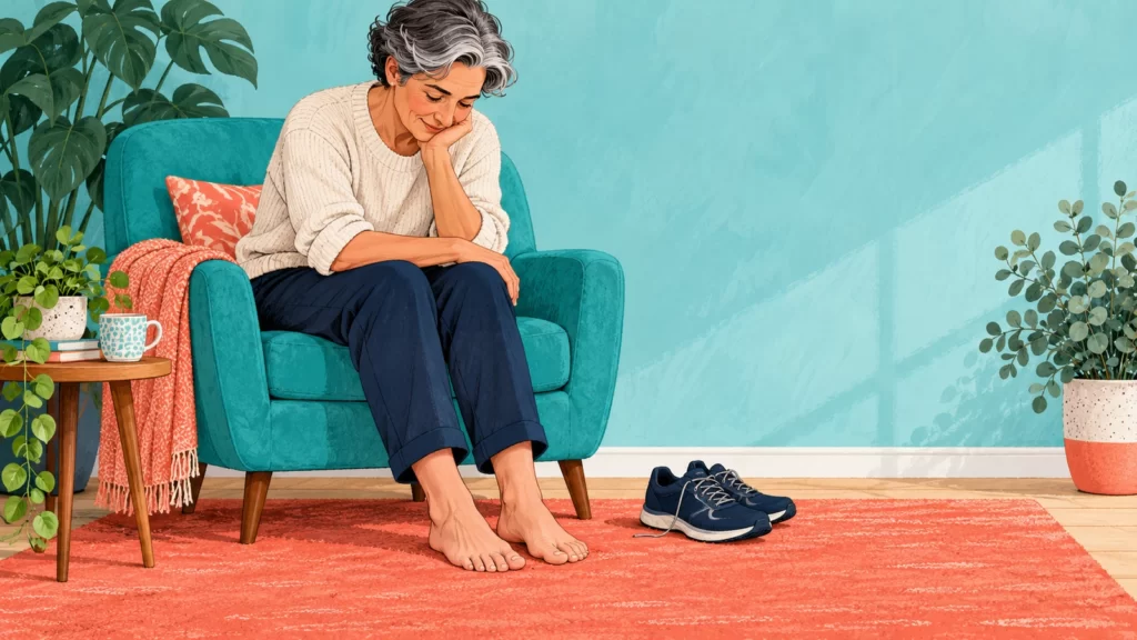 Illustration of an older adult seated in a teal chair looking at her feet, with shoes beside a coral rug.
