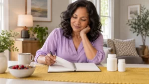 A woman in a lilac blouse writes in a notebook beside unbranded containers and a bowl of food.