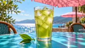 Glass of iced green tea on a turquoise outdoor table under pink umbrella shadows.