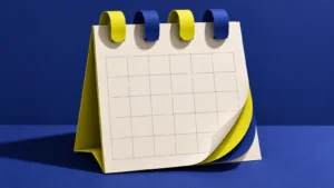 Blank calendar with indigo and yellow paper tabs and no marked dosing days.