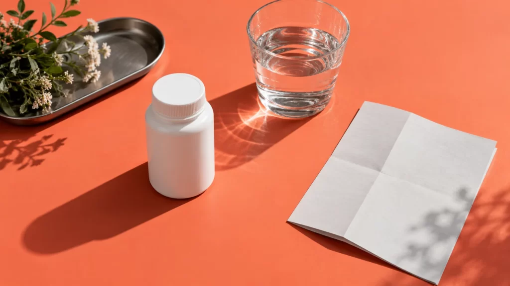 Closed unbranded medicine bottle, water and a blank review sheet on a coral desk.