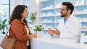 Fictional customer and pharmacist discussing care at a bright pharmacy counter.