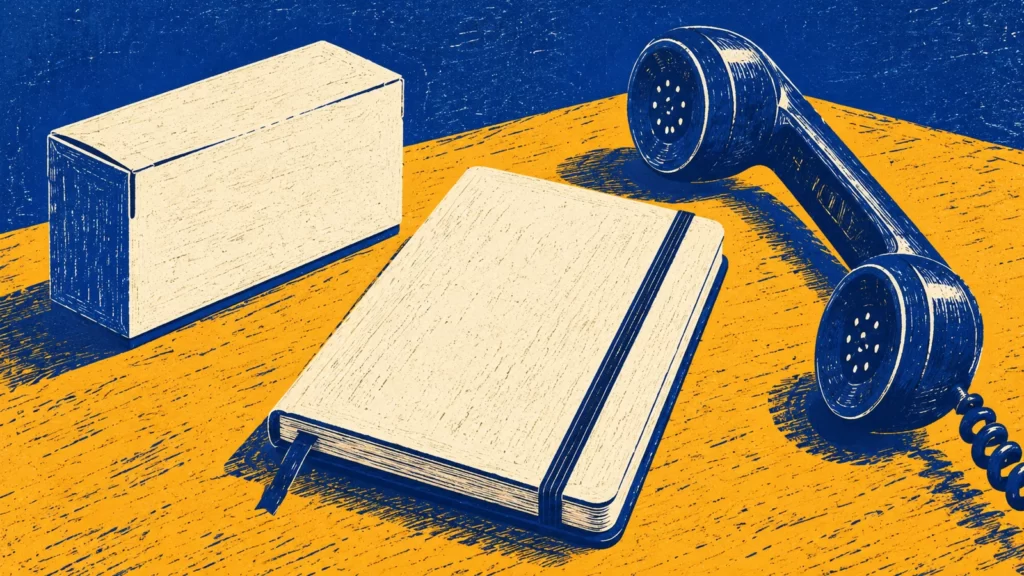 Cobalt and amber linocut-style illustration of a medicine carton, notebook and telephone.