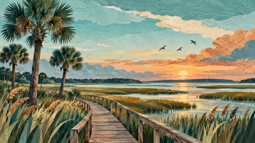 Layered-paper Lowcountry-inspired landscape with palmettos, marsh and a boardwalk.