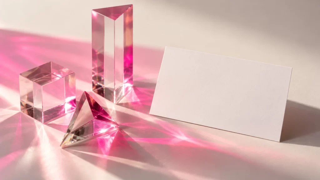 Pink light refracting through empty clear glass prisms beside a blank card.