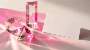 Pink light refracting through empty clear glass prisms beside a blank card.