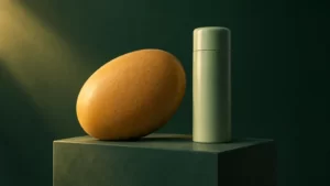 Ochre oval and green cylindrical ceramic forms on an emerald plinth.