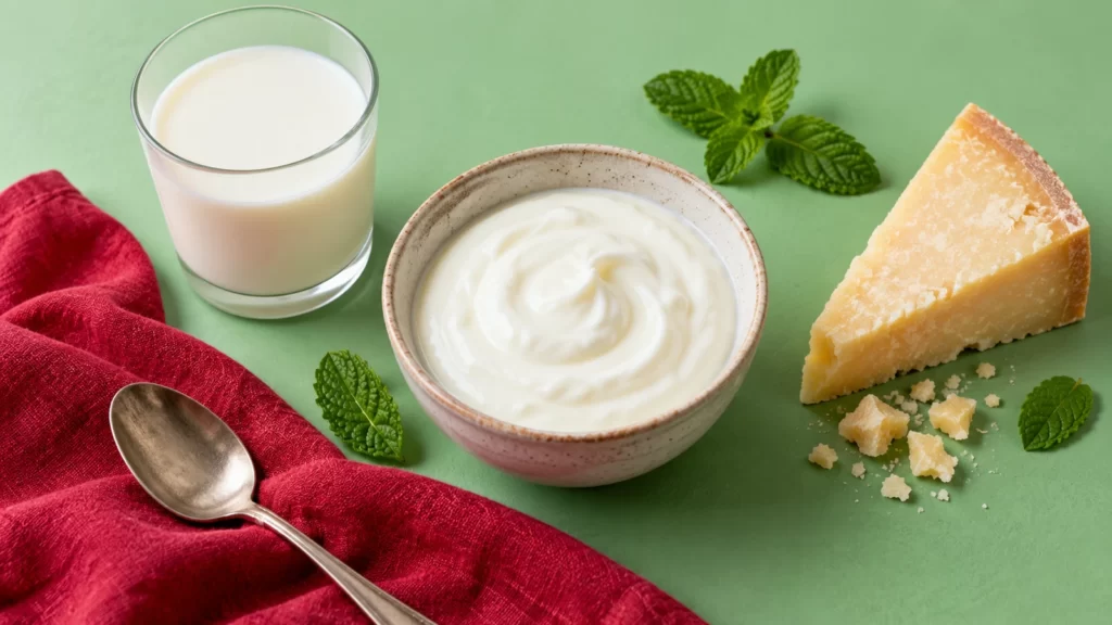 Plain yogurt, milk and hard cheese on a mint-green surface with red linen.