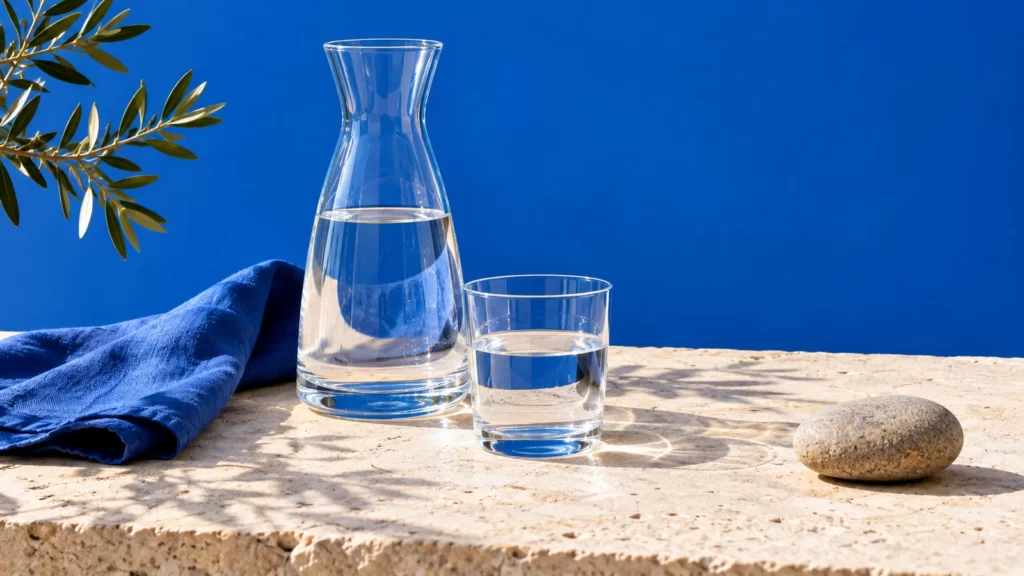 Water carafe and tumbler on sandstone against a cobalt-blue background.
