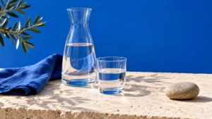 Water carafe and tumbler on sandstone against a cobalt-blue background.