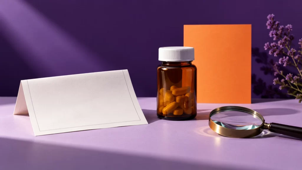 Unlabeled amber container, blank paper and magnifying lens on a violet and orange set.