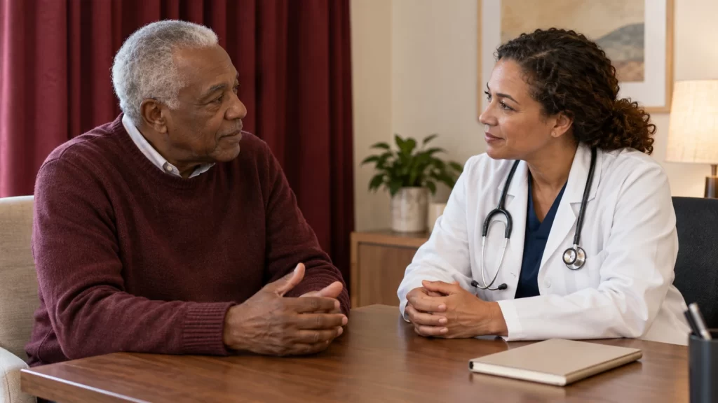 Older adult and clinician discussing care across a desk in a warm-toned office.