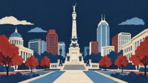 Paper-collage illustration evoking the Soldiers and Sailors Monument and downtown Indianapolis.