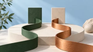Separate green and copper sculptural paths leading to different blocks.