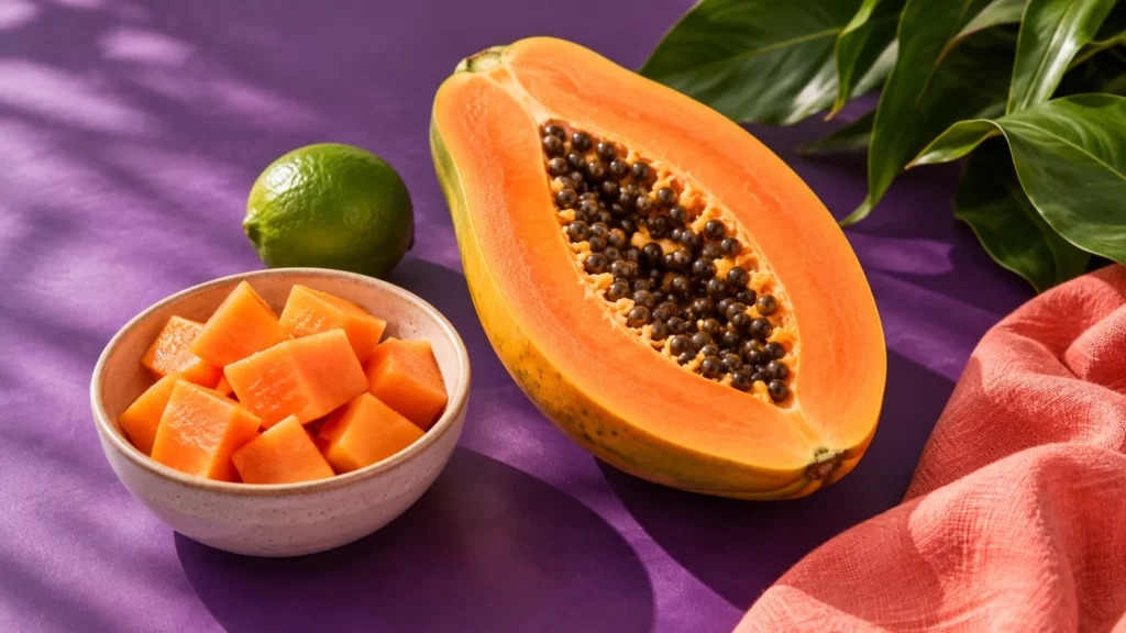 Cut papaya, a bowl of orange papaya pieces and a lime on a purple tabletop.