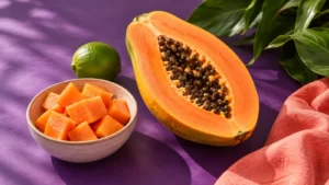 Cut papaya, a bowl of orange papaya pieces and a lime on a purple tabletop.