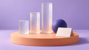 Three frosted geometric columns and an indigo sphere on a peach platform.