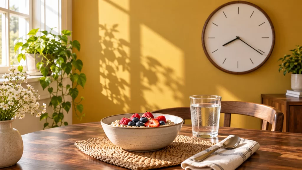 Bowl of oats and berries on a breakfast table beneath a simple wall clock.