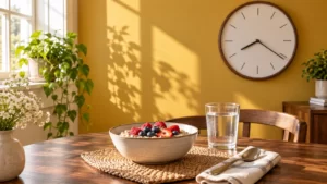 Bowl of oats and berries on a breakfast table beneath a simple wall clock.