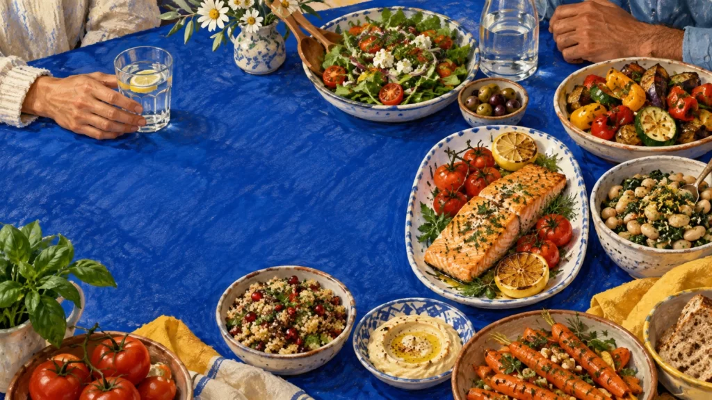 Colorful painted table with vegetables, grains, beans, fish and water against a cobalt cloth.