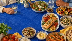 Colorful painted table with vegetables, grains, beans, fish and water against a cobalt cloth.