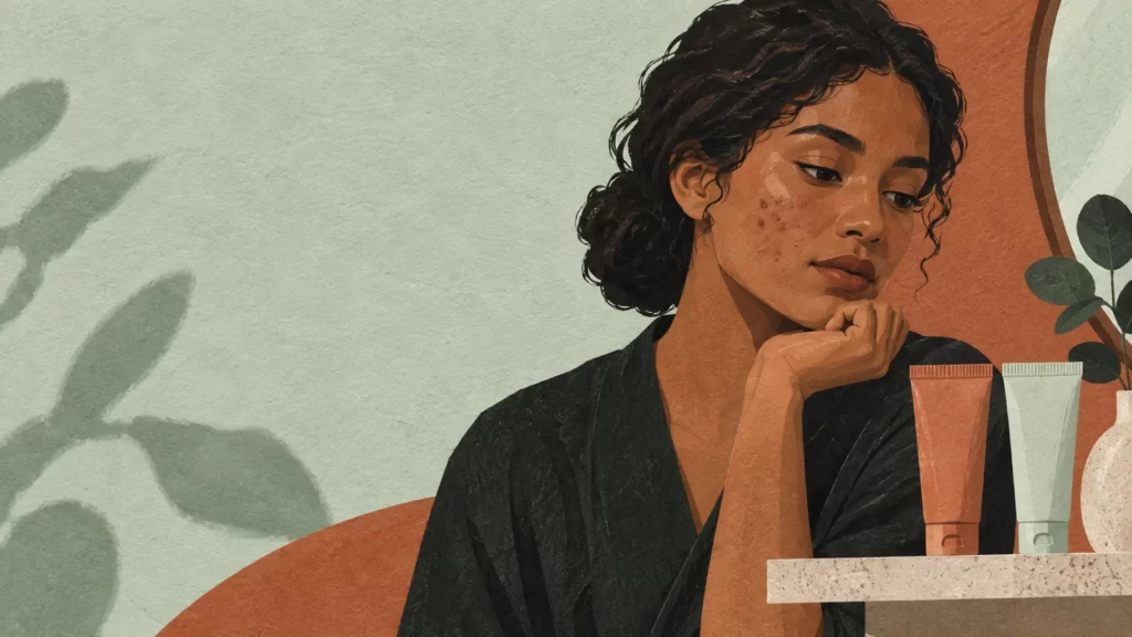 Illustrated adult considering two unbranded skincare tubes, with terracotta and mint paper textures.