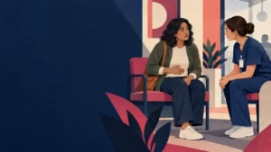 Illustrated adult speaking with a nurse in a navy and raspberry clinic setting.