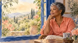 Watercolor portrait of a mature adult seated thoughtfully beside a garden window.