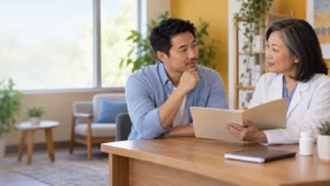Illustrative consultation between an adult and a pharmacist reviewing a folder in a bright room.