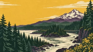 Textured Oregon-inspired landscape with evergreen forest, river and a distant mountain.