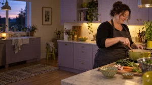 Adult preparing an evening meal in a softly lit lilac kitchen.
