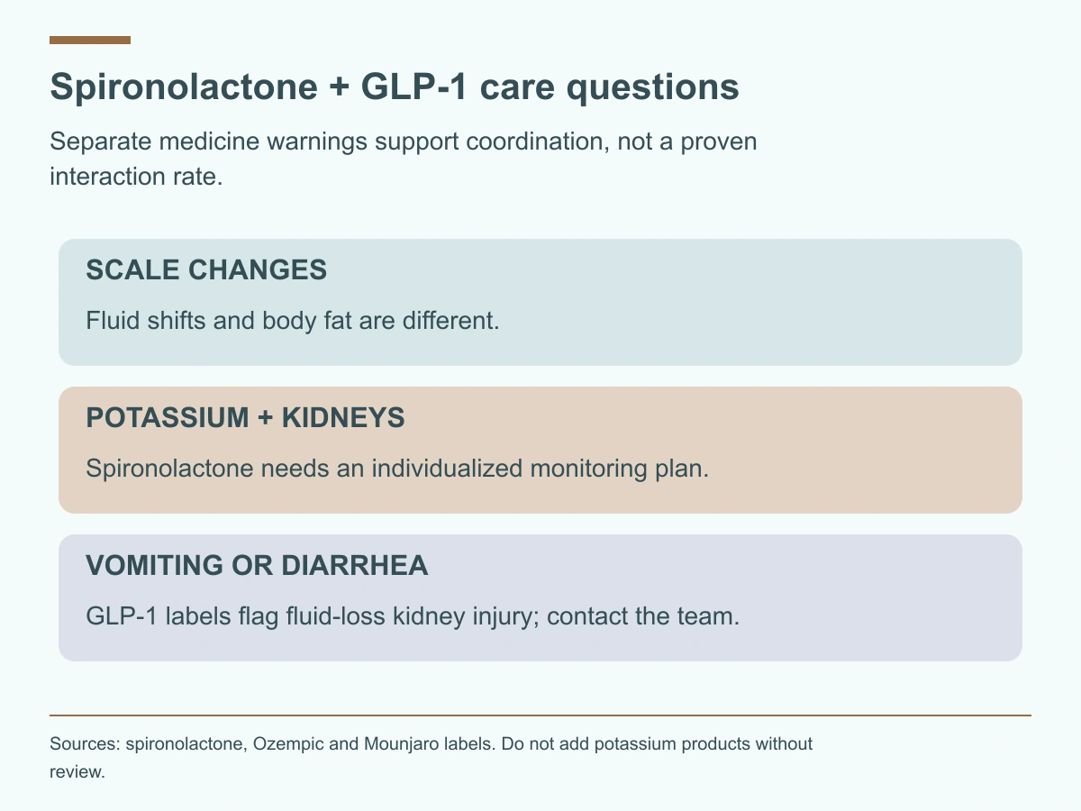 Distinguish fluid from fat changes, review potassium and kidney monitoring, and report vomiting or diarrhea while taking spironolactone with a GLP-1 medicine.