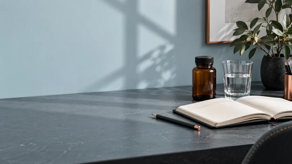 Blank notebook, unbranded amber bottle and water glass on a pale cyan desk.