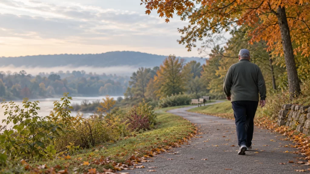 Adult walking along a winding park path among olive foliage and autumn leaves.