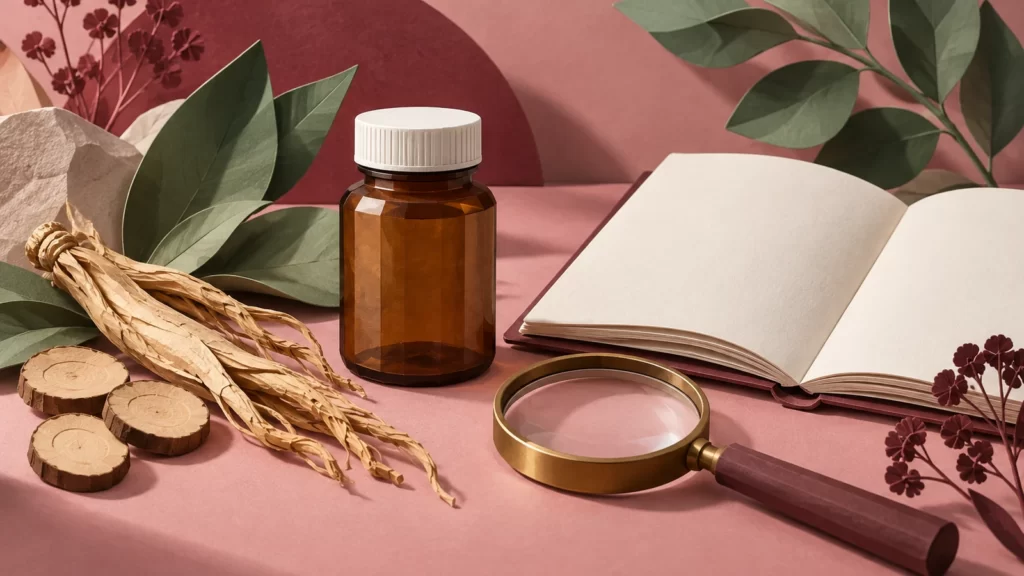 Sculptural amber supplement bottle beside roots, leaves and a blank notebook