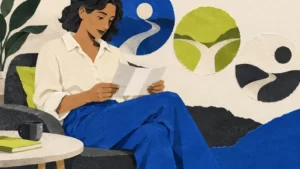 Paper collage of a seated adult reading an instruction leaflet