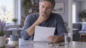 Fictional man reviewing a paper medication list beside a glass of water