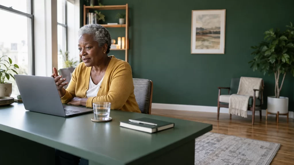 Fictional older woman speaking by laptop at a green home desk